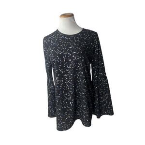 Michael Kors Black Blue Silver Star Print Bell Sleeve Blouse Size Medium Sparkle